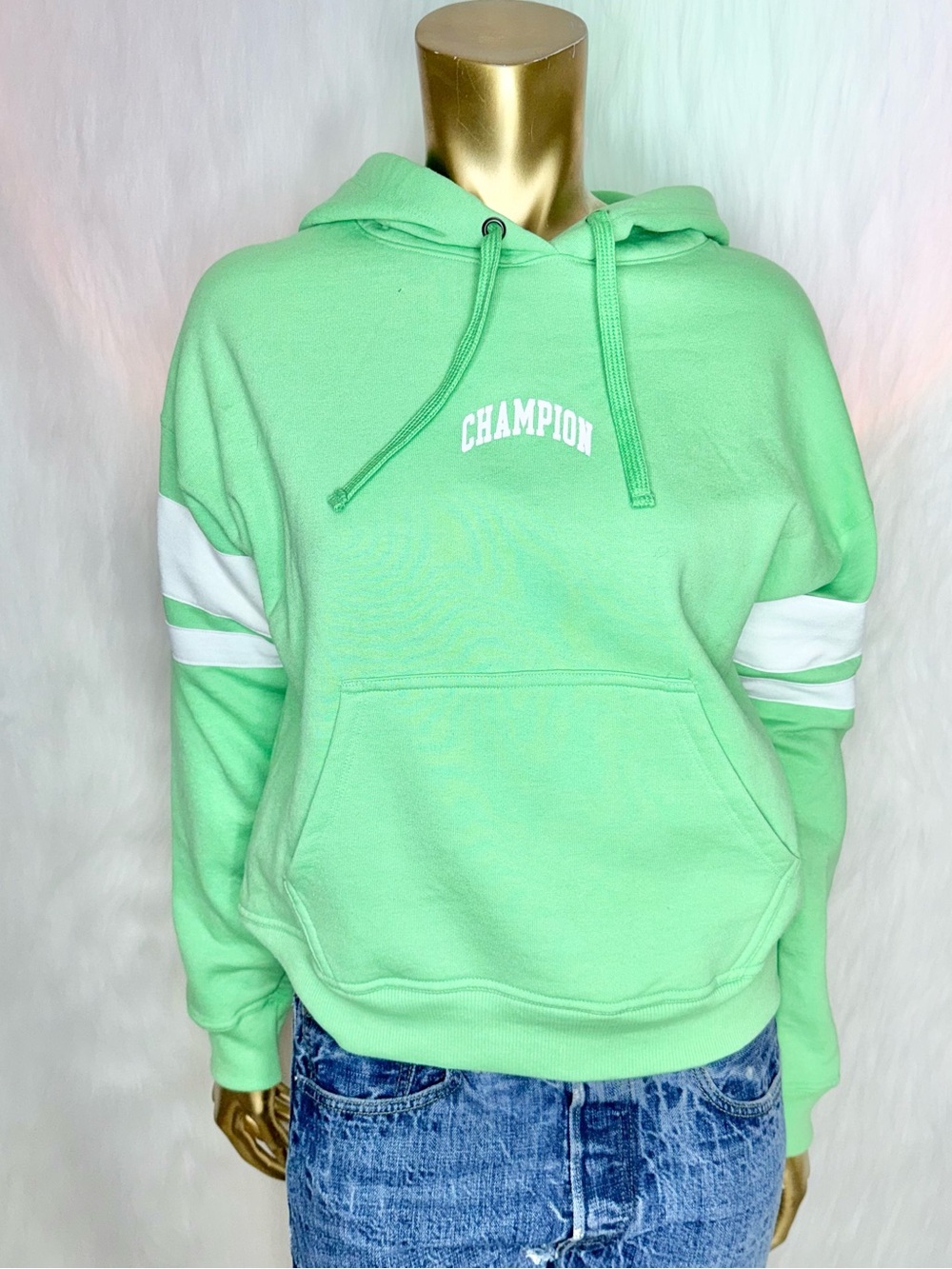 NWT Champion Striped Sleeve Hoodie Mint Green/ White/ Spell Out- Women’s Small